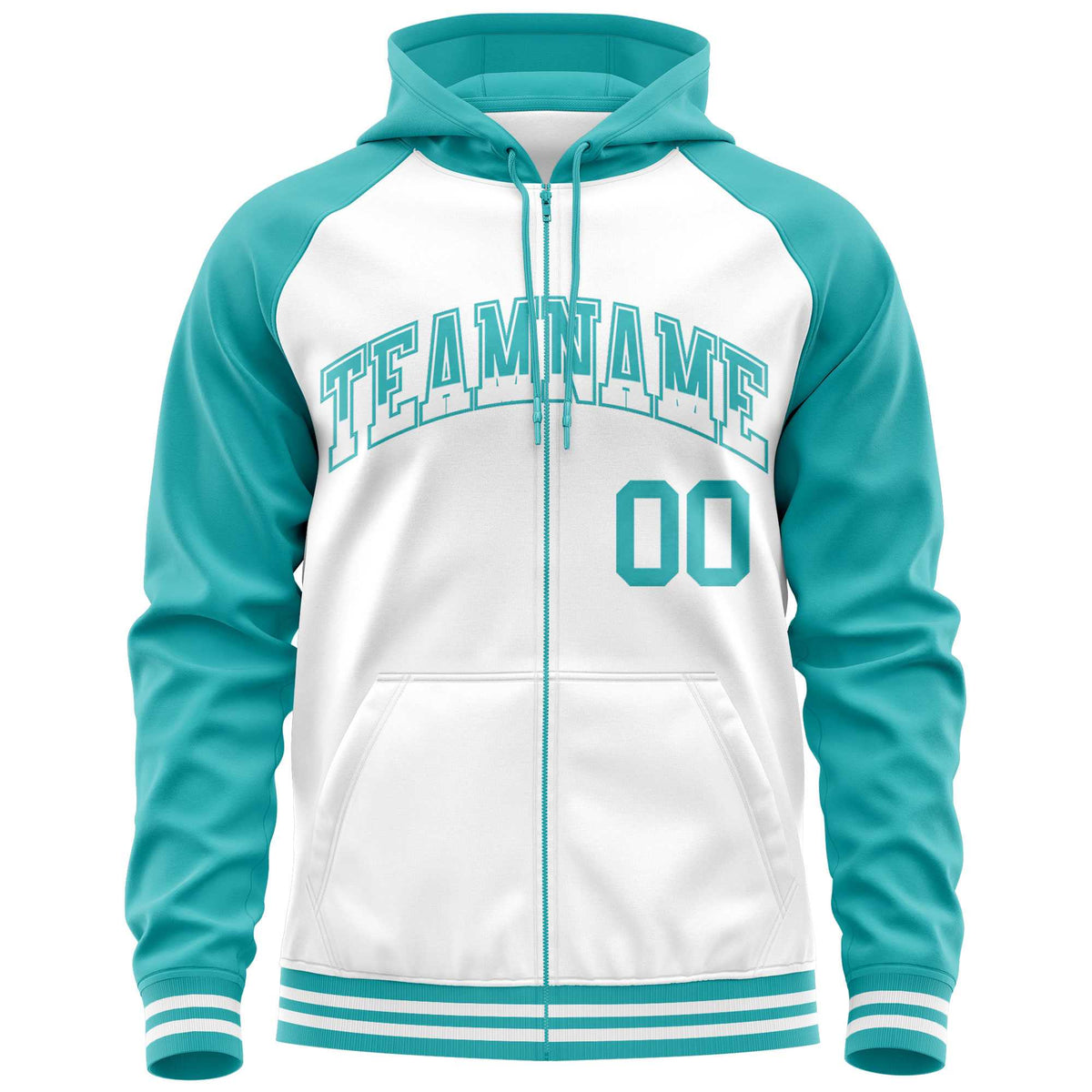 Custom Stitched White Aqua Raglan Sleeves Sports Full-Zip Sweatshirt Hoodie| KXKSHOP