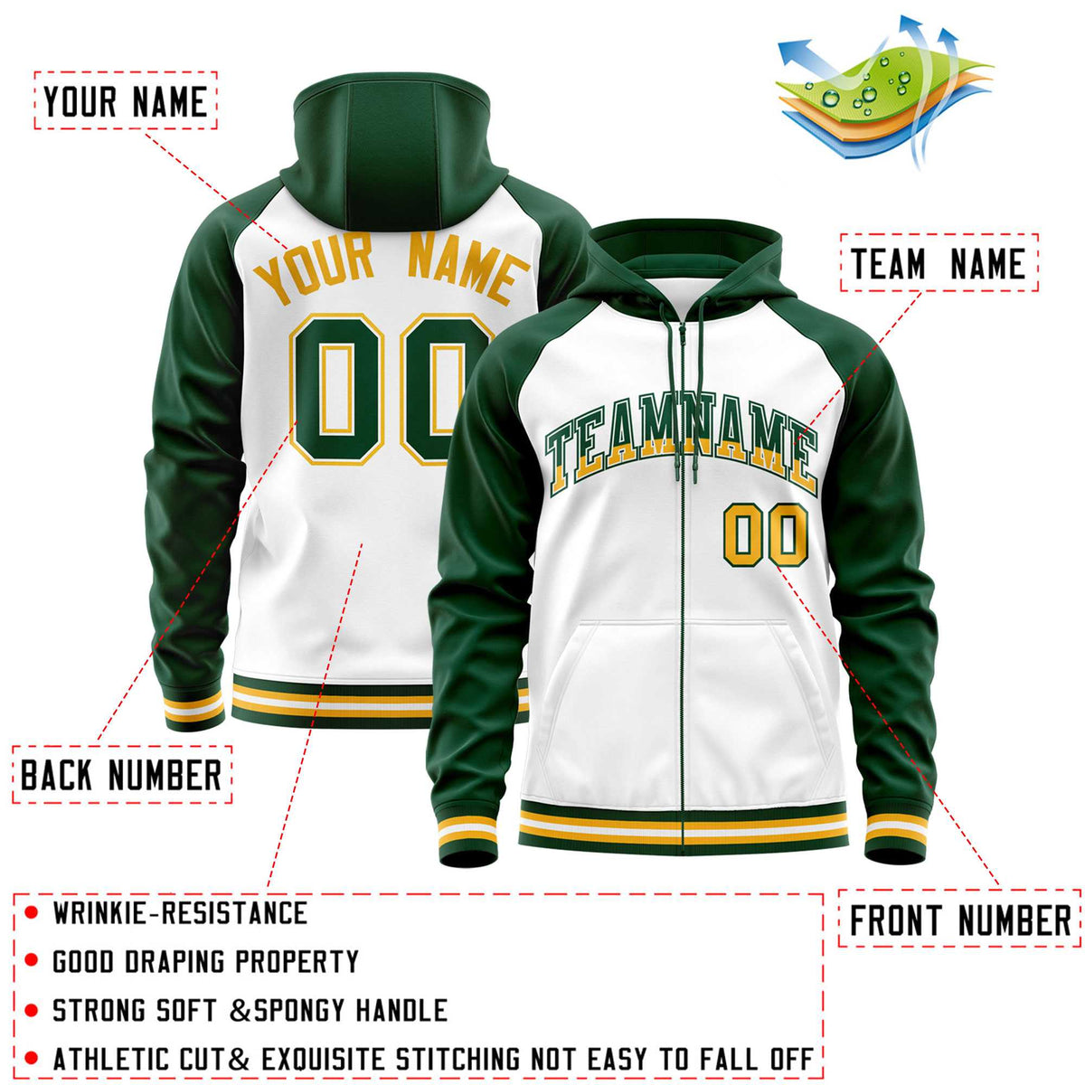 Custom Stitched White Green Raglan Sleeves Sports Full-Zip Sweatshirt Hoodie| KXKSHOP