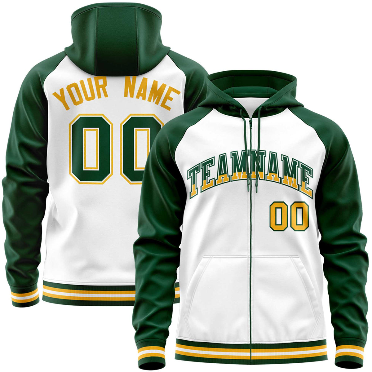 Custom Stitched White Green Raglan Sleeves Sports Full-Zip Sweatshirt Hoodie| KXKSHOP
