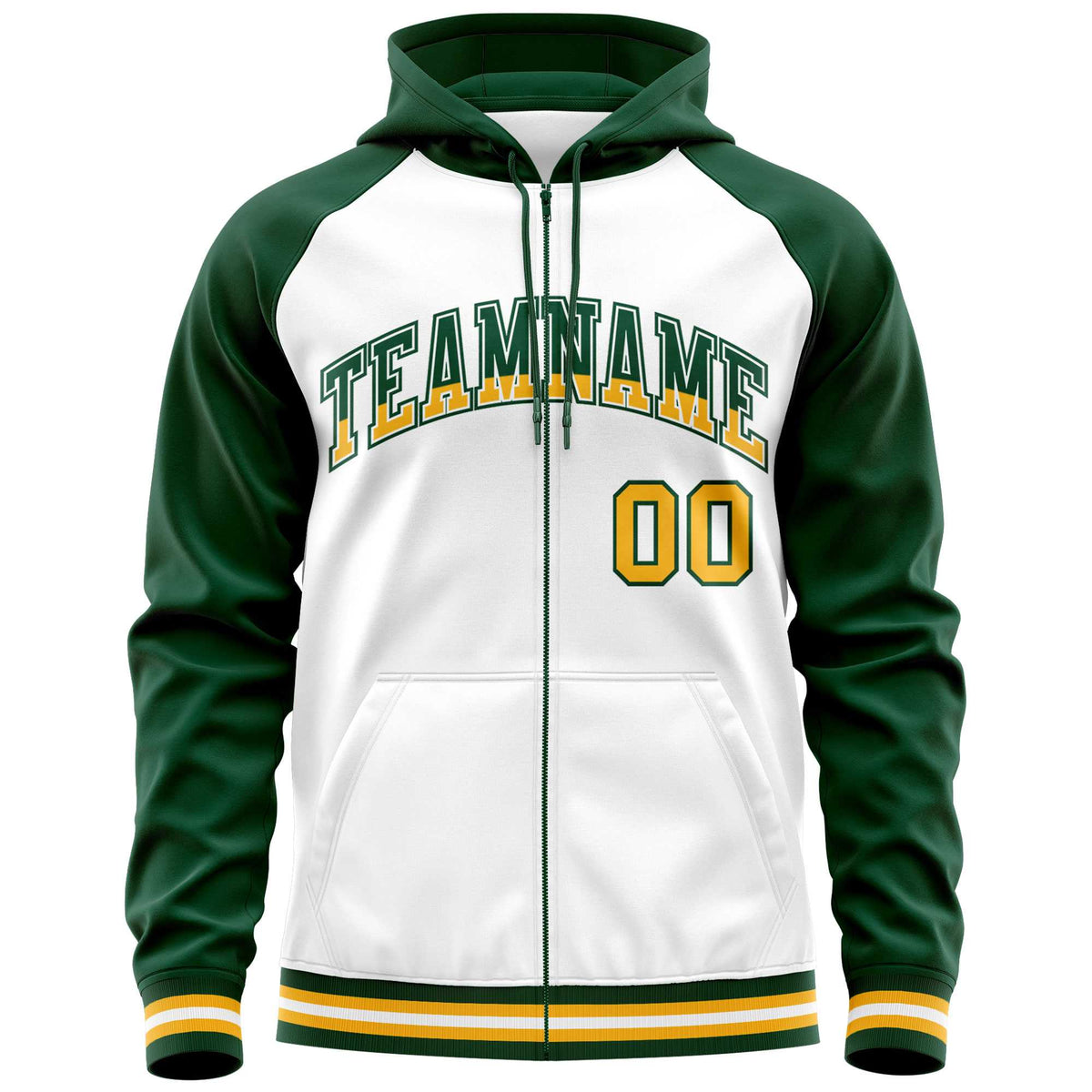 Custom Stitched White Green Raglan Sleeves Sports Full-Zip Sweatshirt Hoodie| KXKSHOP