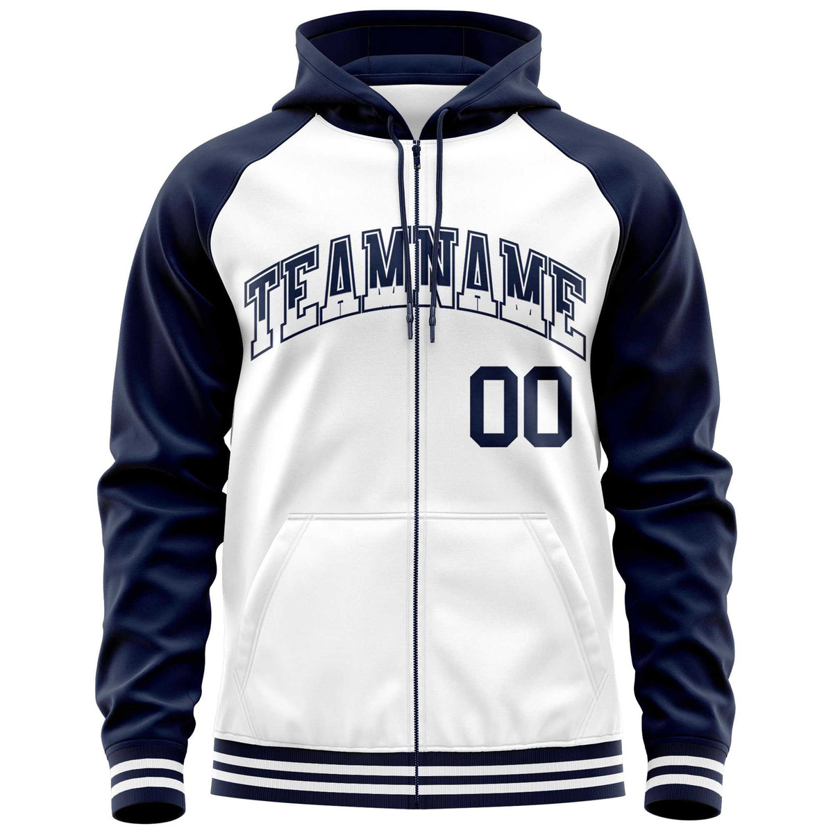 Custom Stitched White Navy Raglan Sleeves Sports Full-Zip Sweatshirt Hoodie| KXKSHOP
