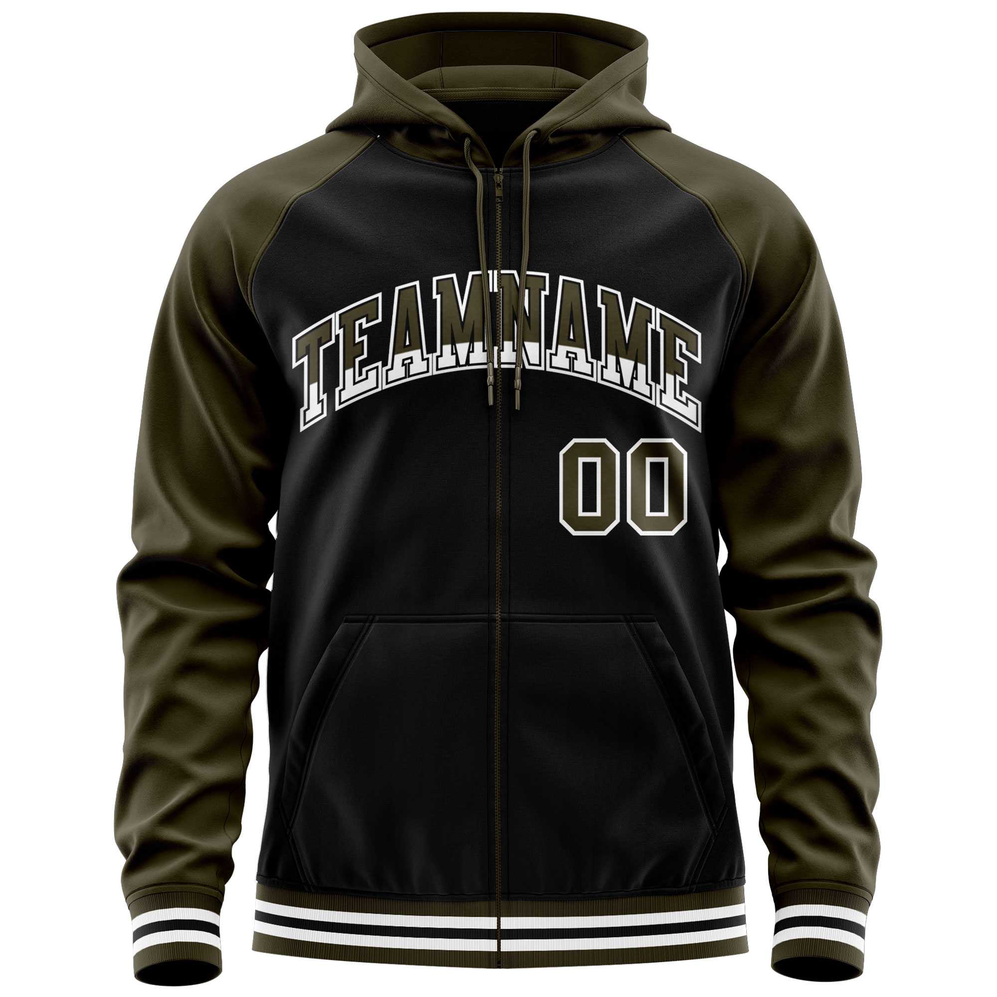 Custom Stitched Black Olive Raglan Sleeves Sports Full-Zip Sweatshirt Hoodie| KXKSHOP