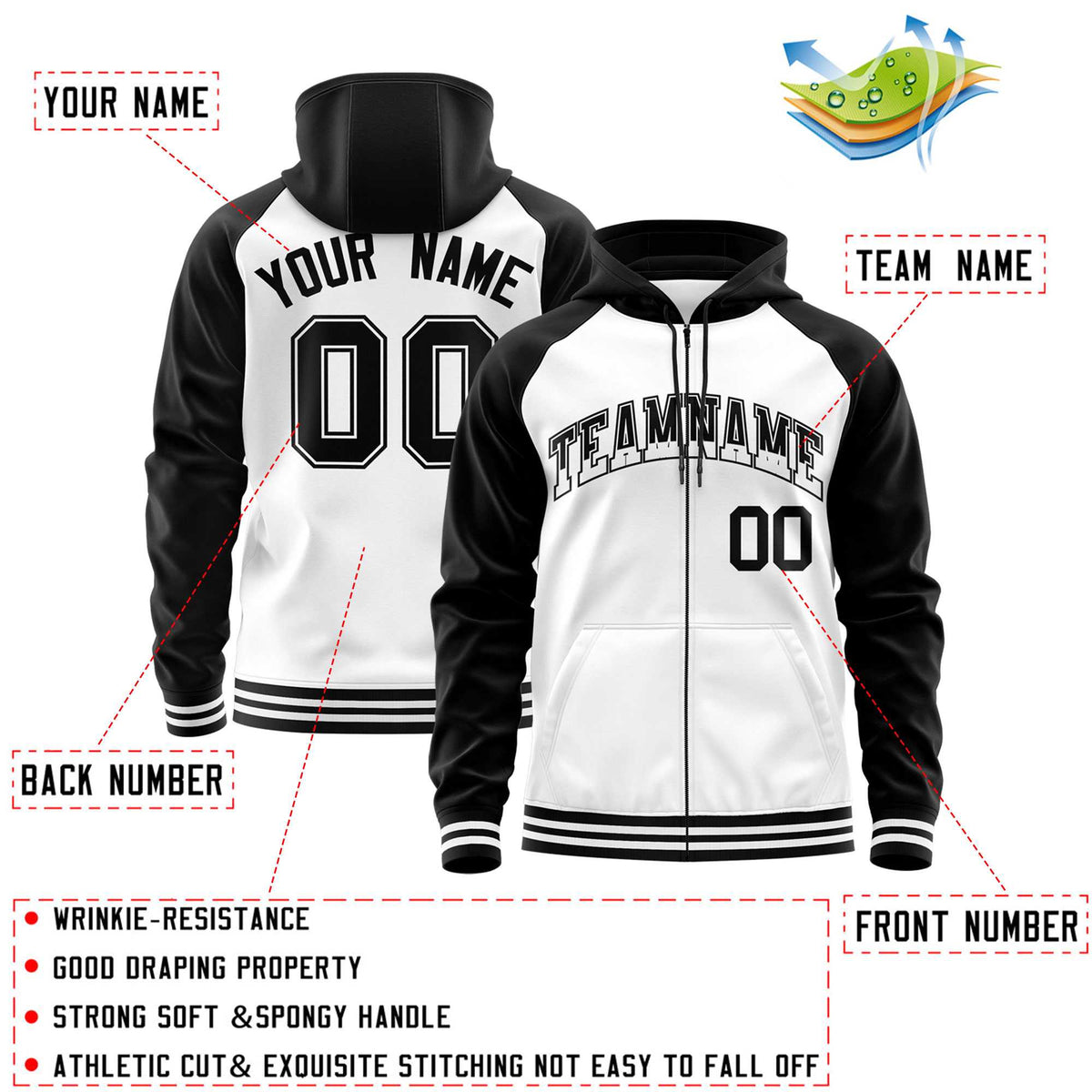 Custom Stitched White Black Raglan Sleeves Sports Full-Zip Sweatshirt Hoodie| KXKSHOP