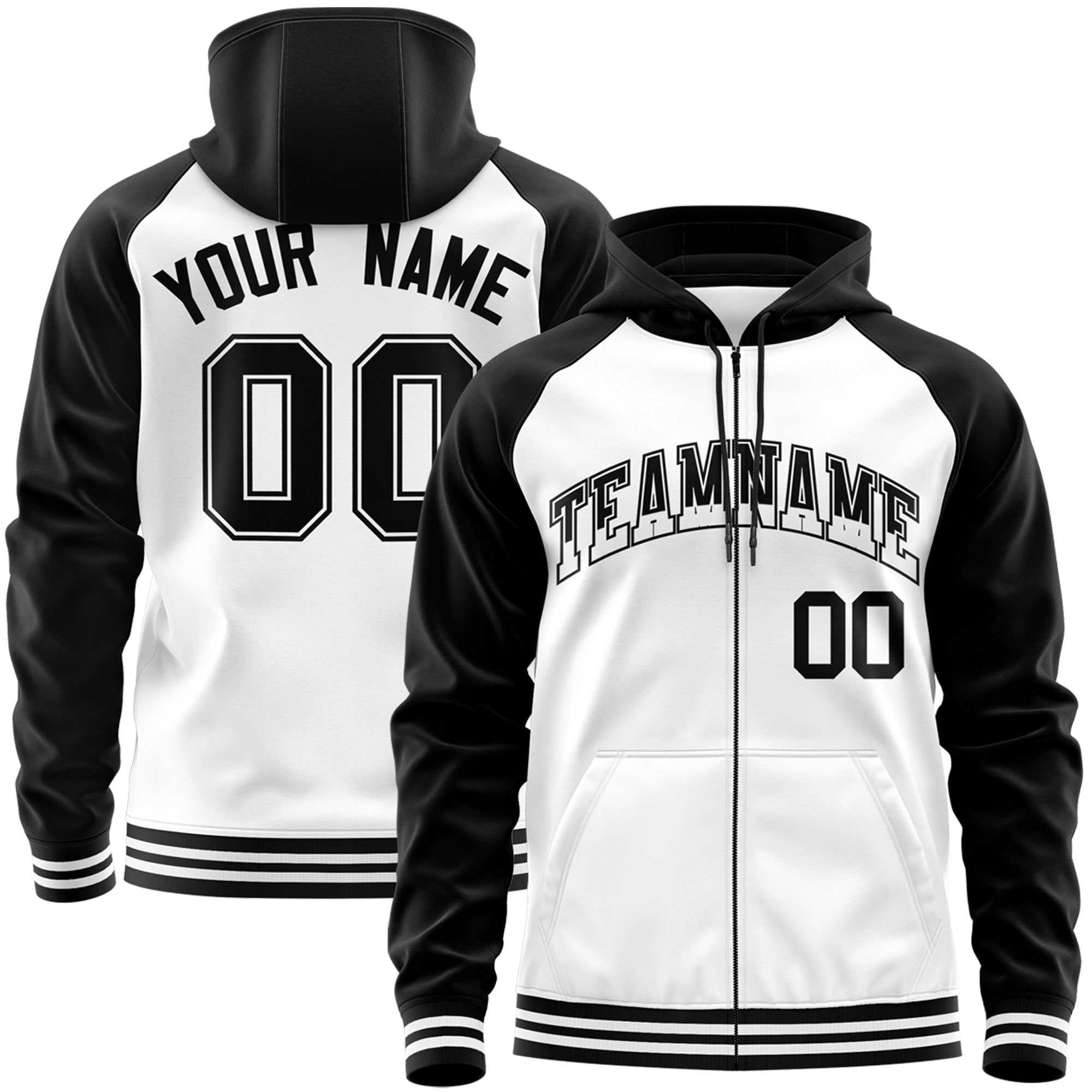 Custom Stitched White Black Raglan Sleeves Sports Full-Zip Sweatshirt Hoodie| KXKSHOP