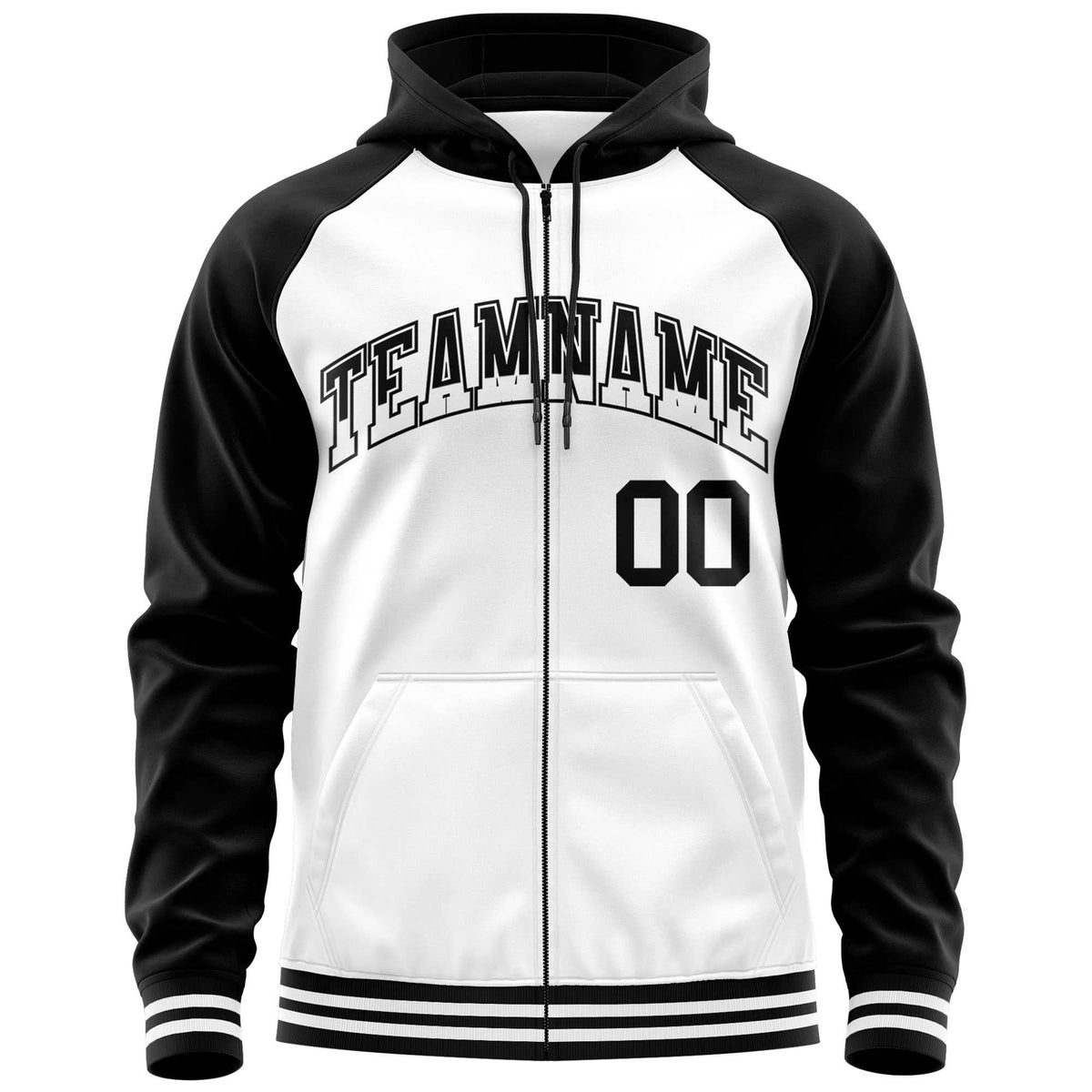 Custom Stitched White Black Raglan Sleeves Sports Full-Zip Sweatshirt Hoodie| KXKSHOP