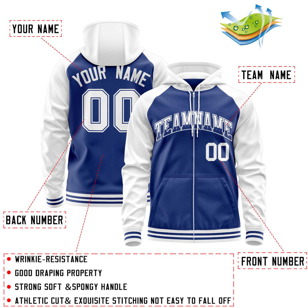 Custom Stitched Royal White Raglan Sleeves Sports Full-Zip Sweatshirt Hoodie| KXKSHOP