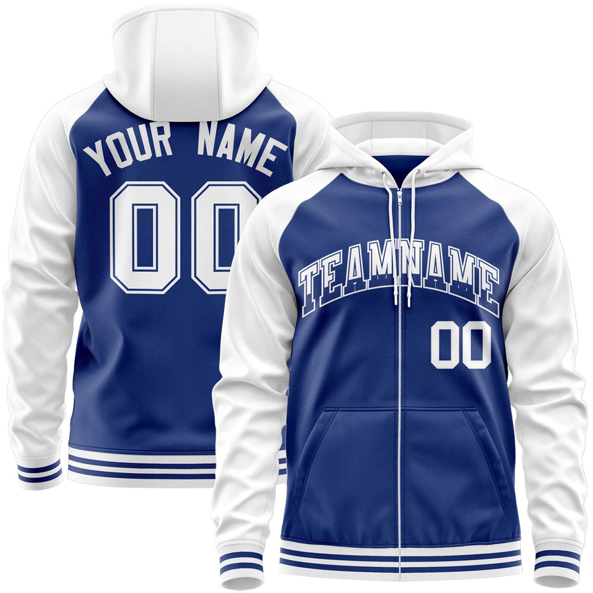 Custom Stitched Royal White Raglan Sleeves Sports Full-Zip Sweatshirt Hoodie| KXKSHOP