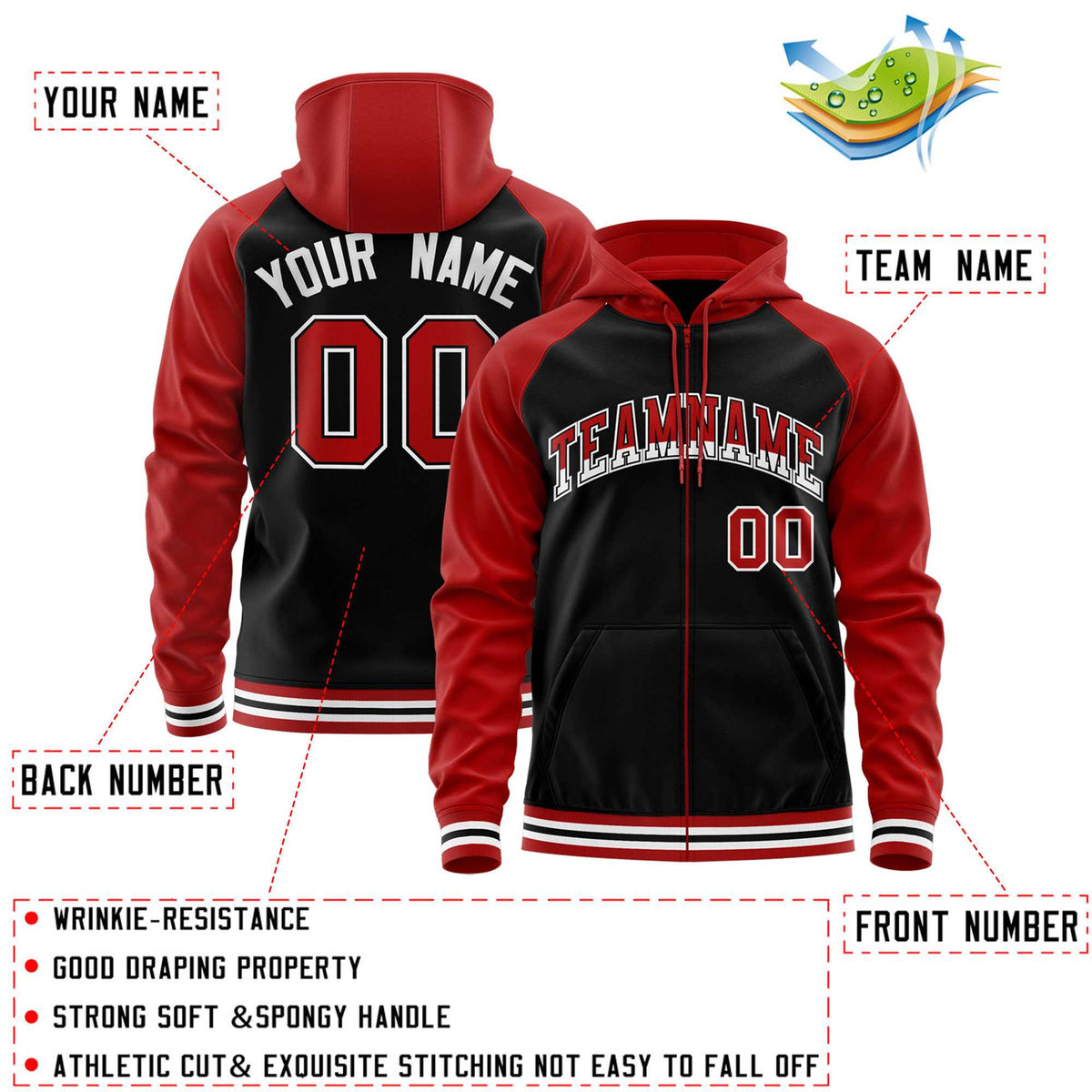 Custom Stitched Black Red Raglan Sleeves Sports Full-Zip Sweatshirt Hoodie| KXKSHOP