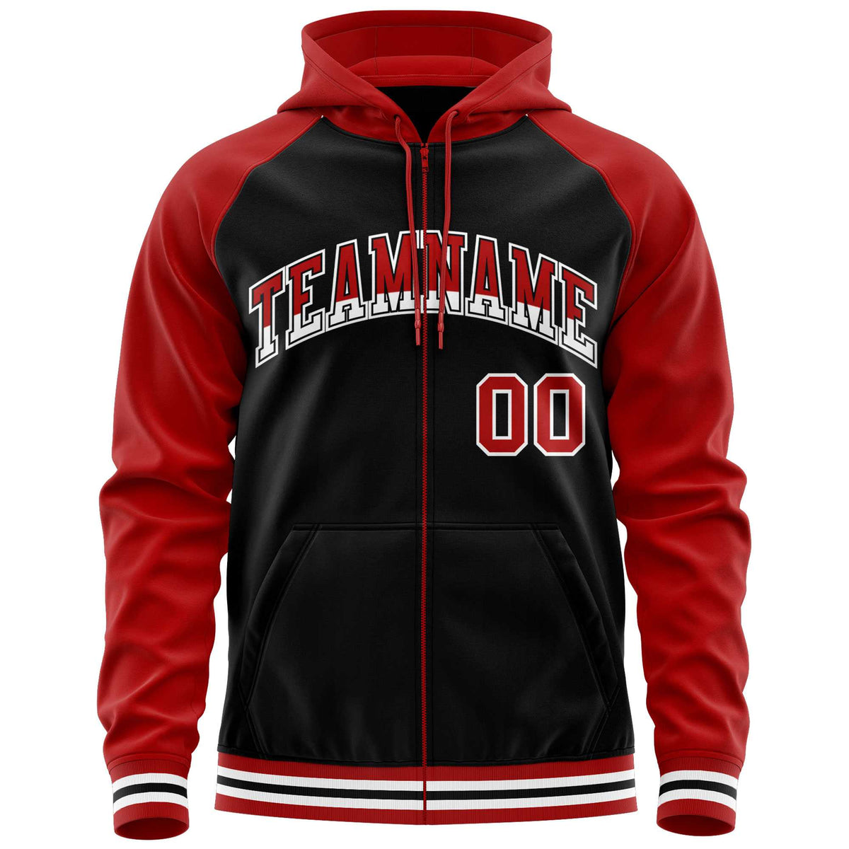Custom Stitched Black Red Raglan Sleeves Sports Full-Zip Sweatshirt Hoodie| KXKSHOP