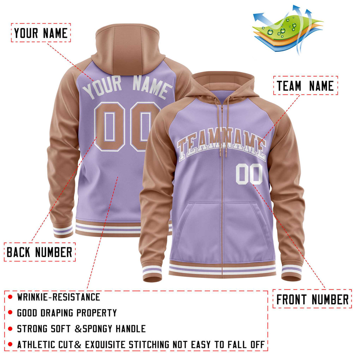 Custom Stitched Light Purple Brown Raglan Sleeves Sports Full-Zip Sweatshirt Hoodie| KXKSHOP