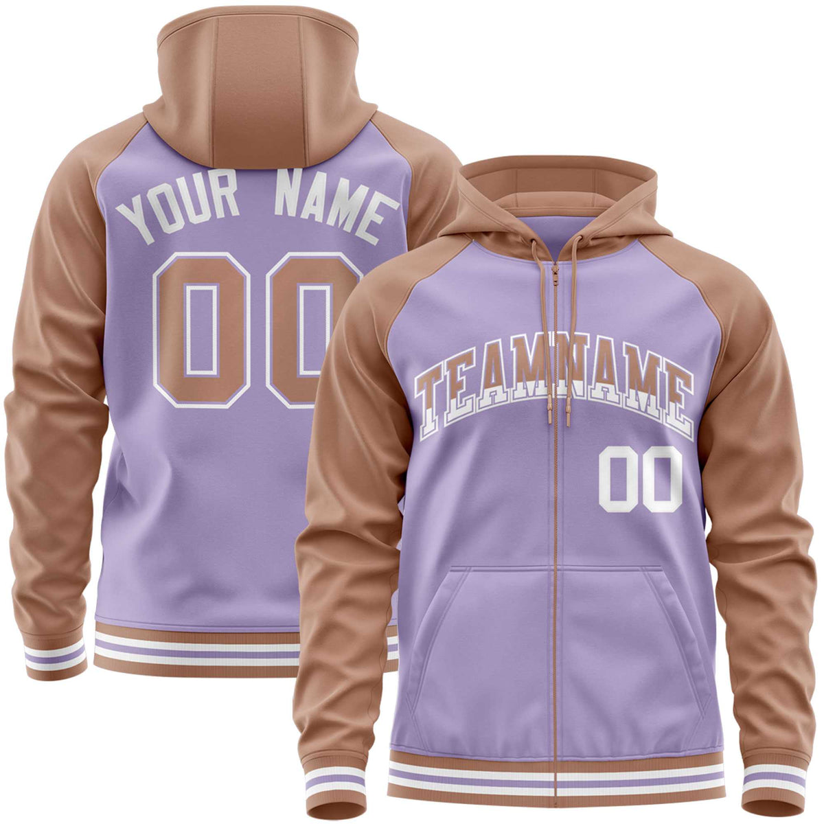 Custom Stitched Light Purple Brown Raglan Sleeves Sports Full-Zip Sweatshirt Hoodie| KXKSHOP