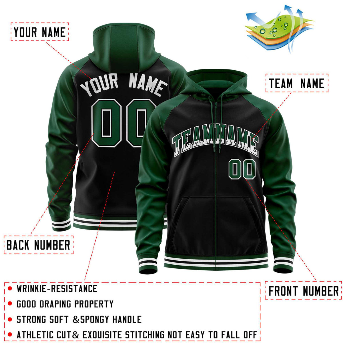 Custom Stitched Black Green Raglan Sleeves Sports Full-Zip Sweatshirt Hoodie| KXKSHOP