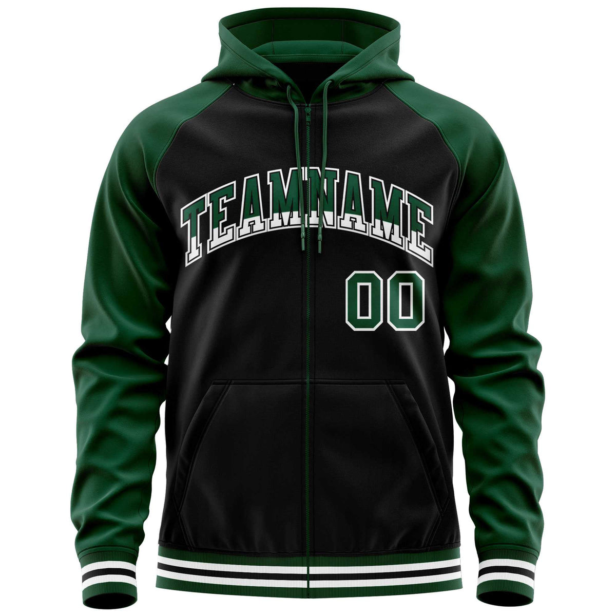 Custom Stitched Black Green Raglan Sleeves Sports Full-Zip Sweatshirt Hoodie| KXKSHOP