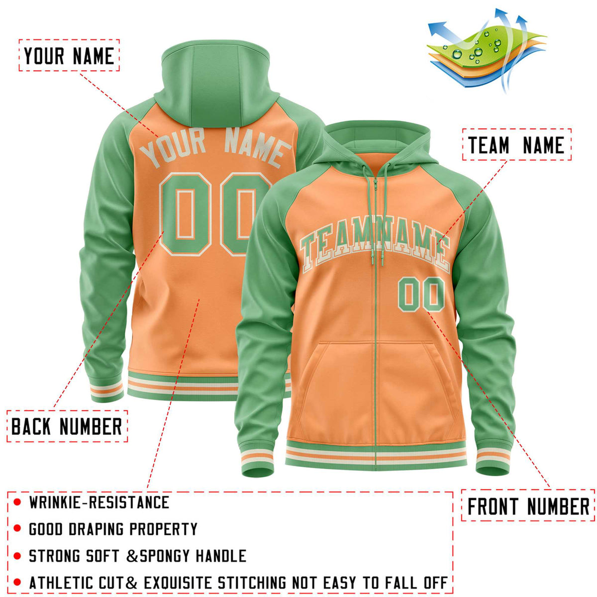 Custom Stitched Light Orange Green Raglan Sleeves Sports Full-Zip Sweatshirt Hoodie| KXKSHOP