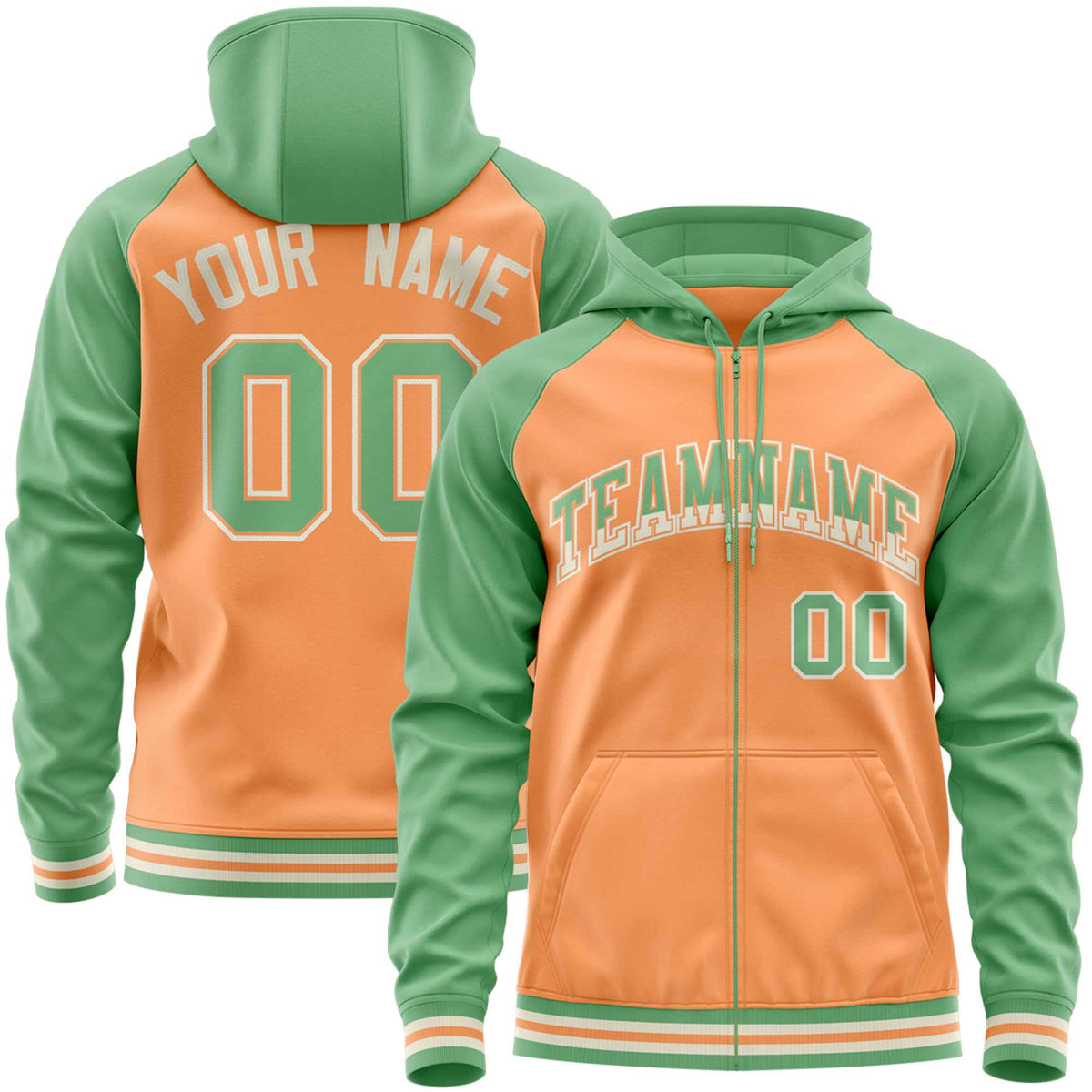 Custom Stitched Light Orange Green Raglan Sleeves Sports Full-Zip Sweatshirt Hoodie| KXKSHOP