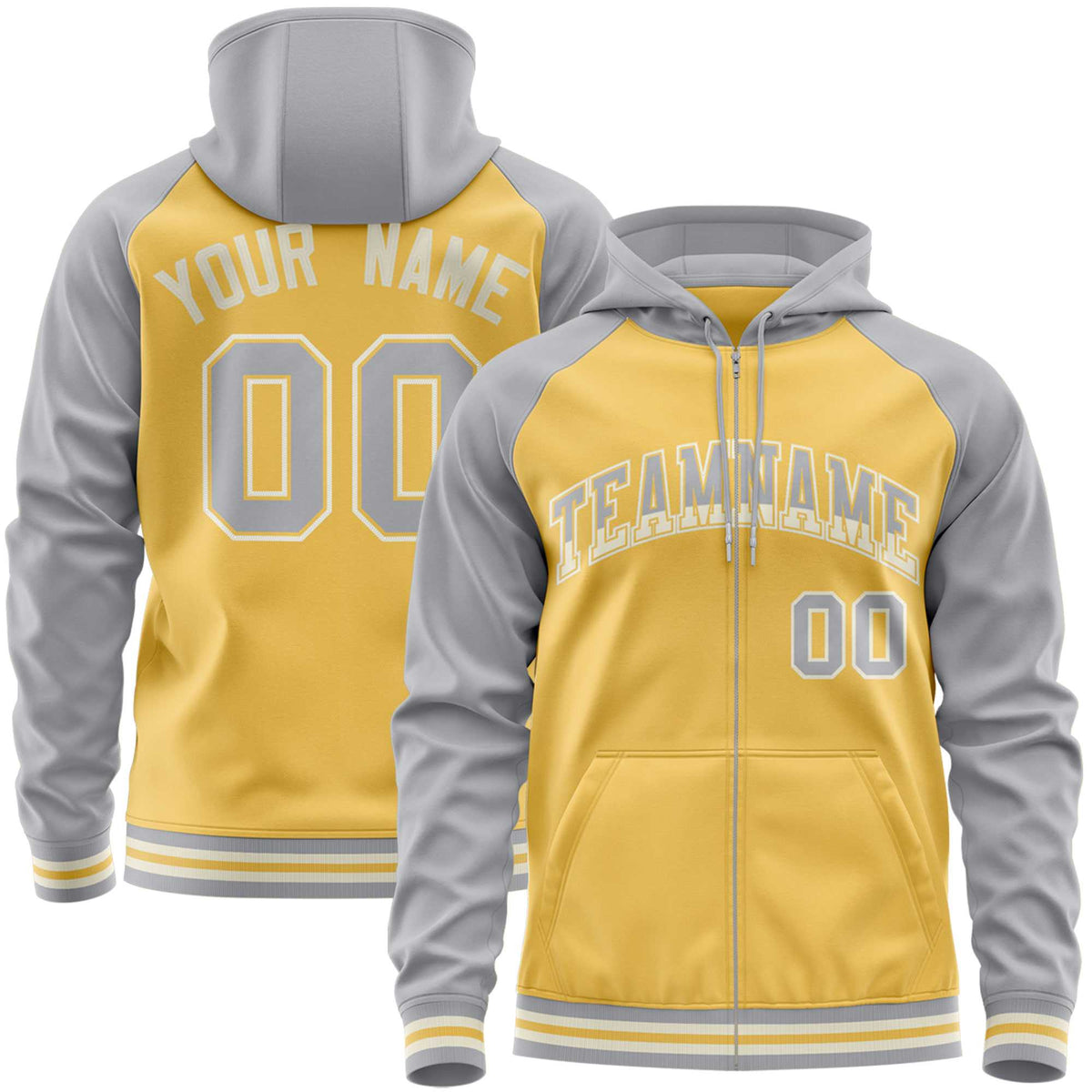 Custom Stitched Yellow Light Gray Raglan Sleeves Sports Full-Zip Sweatshirt Hoodie| KXKSHOP
