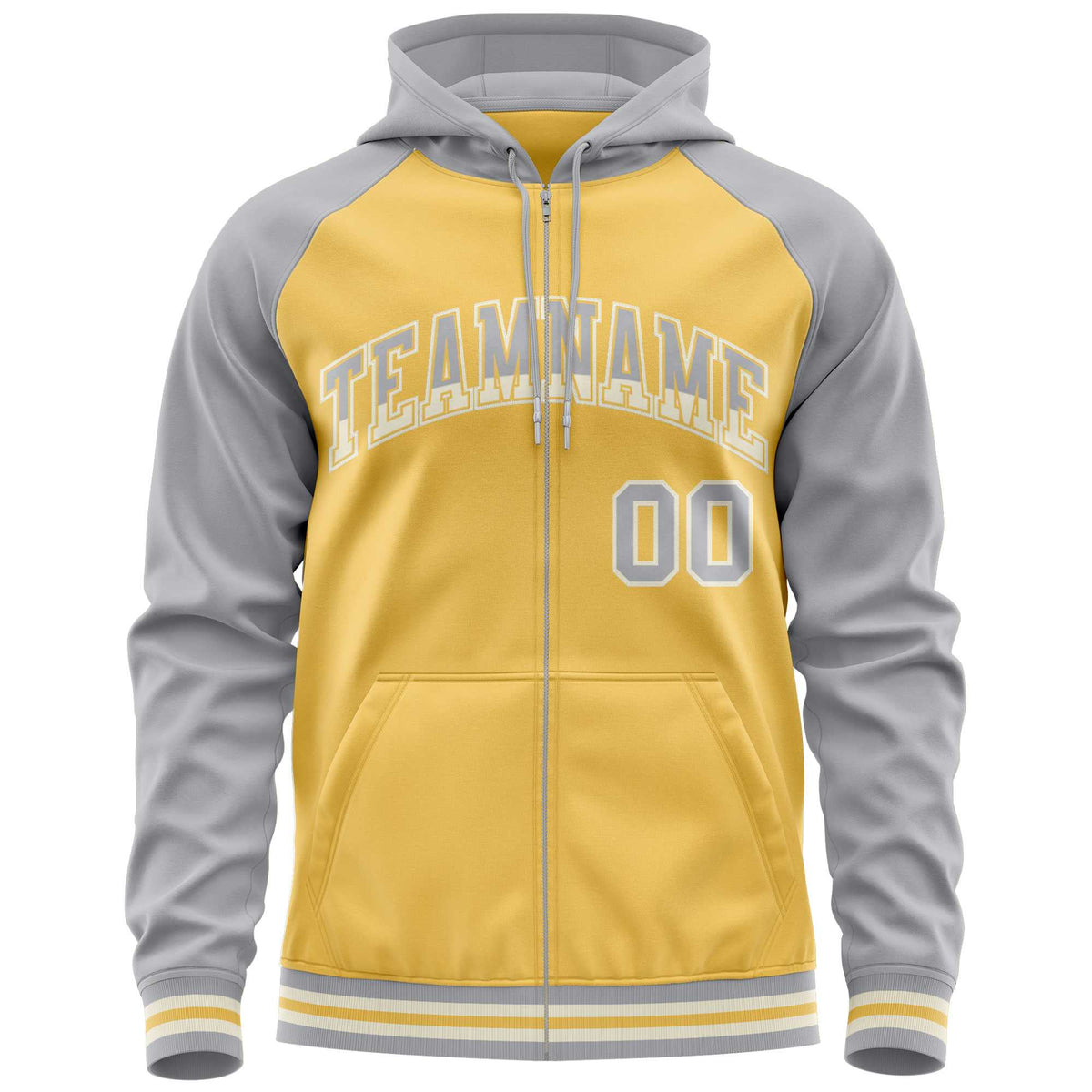 Custom Stitched Yellow Light Gray Raglan Sleeves Sports Full-Zip Sweatshirt Hoodie| KXKSHOP