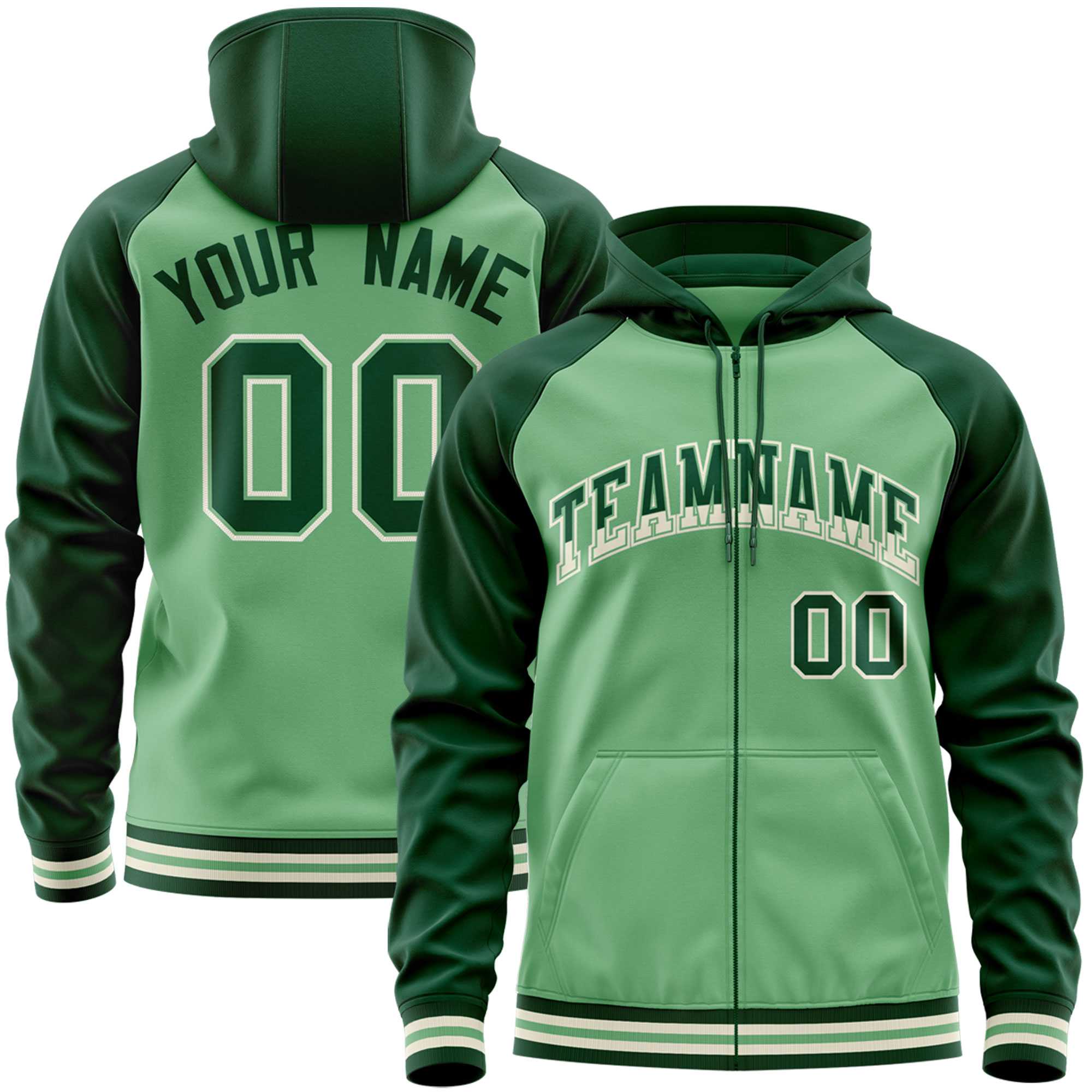 Custom Stitched Green Raglan Sleeves Sports Full-Zip Sweatshirt Hoodie| KXKSHOP