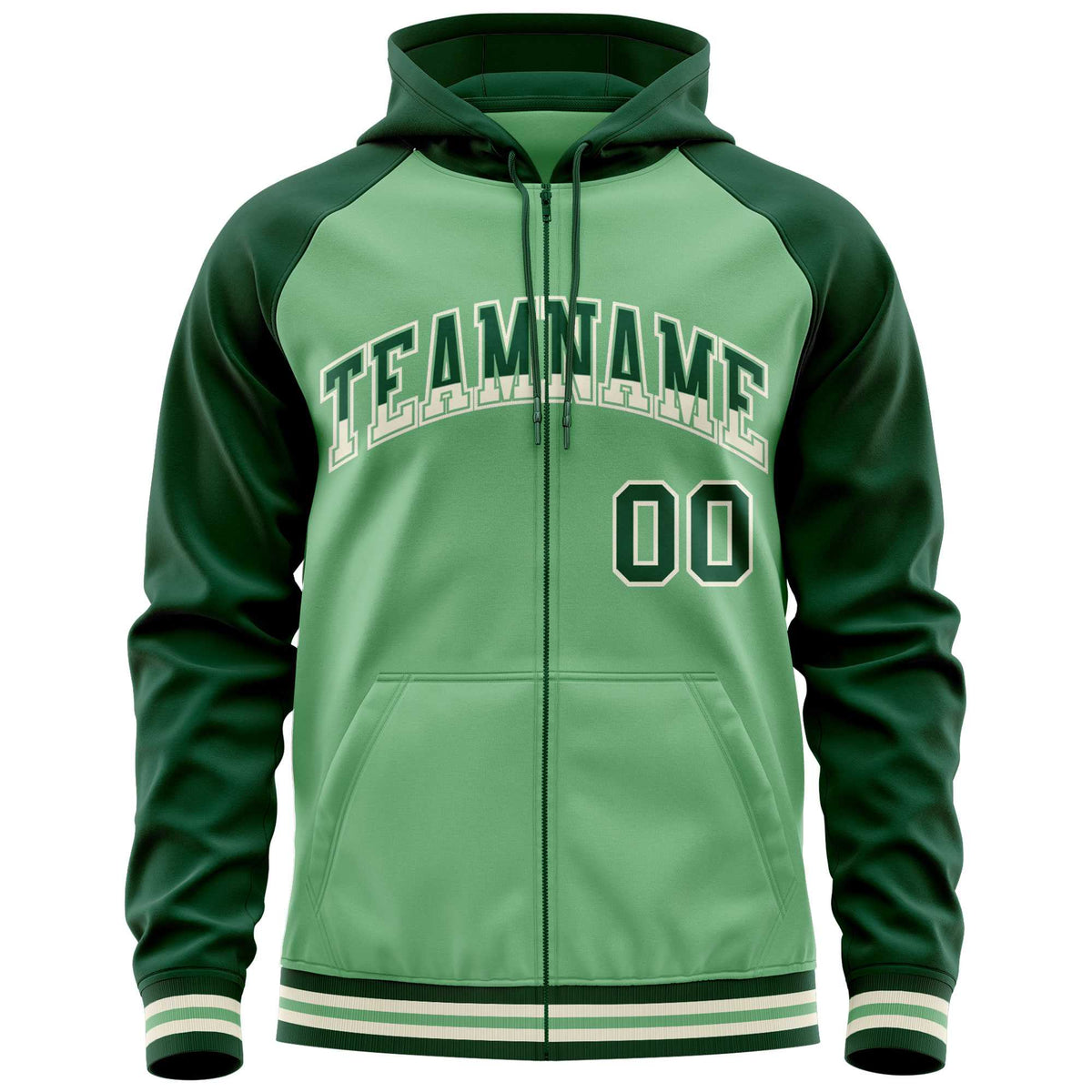 Custom Stitched Green Raglan Sleeves Sports Full-Zip Sweatshirt Hoodie| KXKSHOP