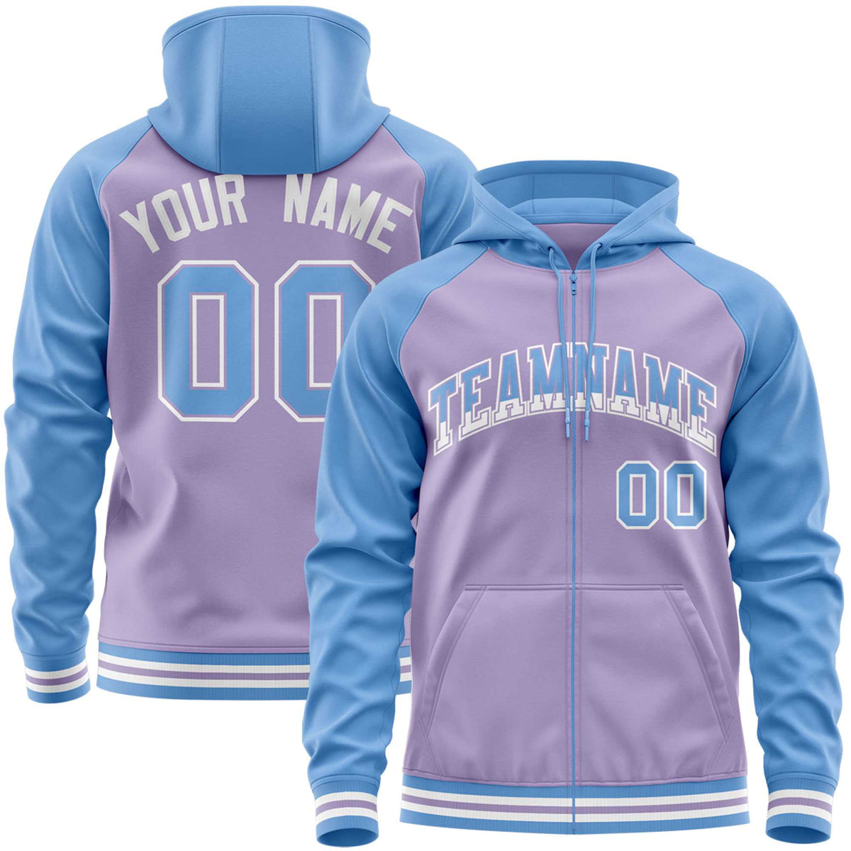 Custom Stitched Light Purple Powder Blue Raglan Sleeves Sports Full-Zip Sweatshirt Hoodie| KXKSHOP