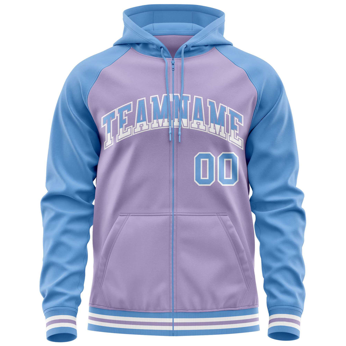 Custom Stitched Light Purple Powder Blue Raglan Sleeves Sports Full-Zip Sweatshirt Hoodie| KXKSHOP