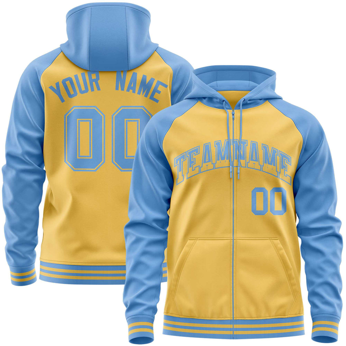 Custom Stitched Yellow Powder Blue Raglan Sleeves Sports Full-Zip Sweatshirt Hoodie| KXKSHOP