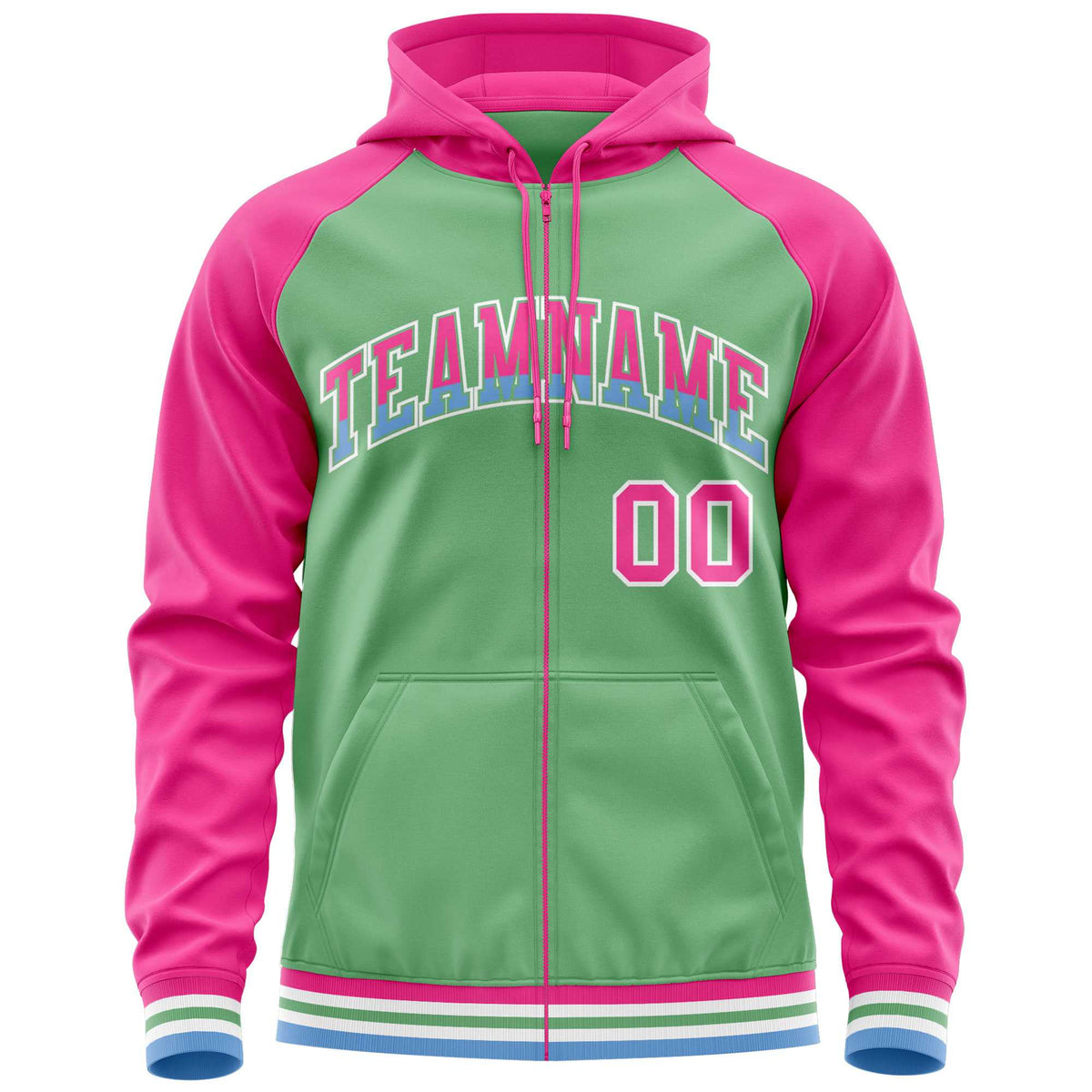 Custom Stitched Green Pink Raglan Sleeves Sports Full-Zip Sweatshirt Hoodie| KXKSHOP