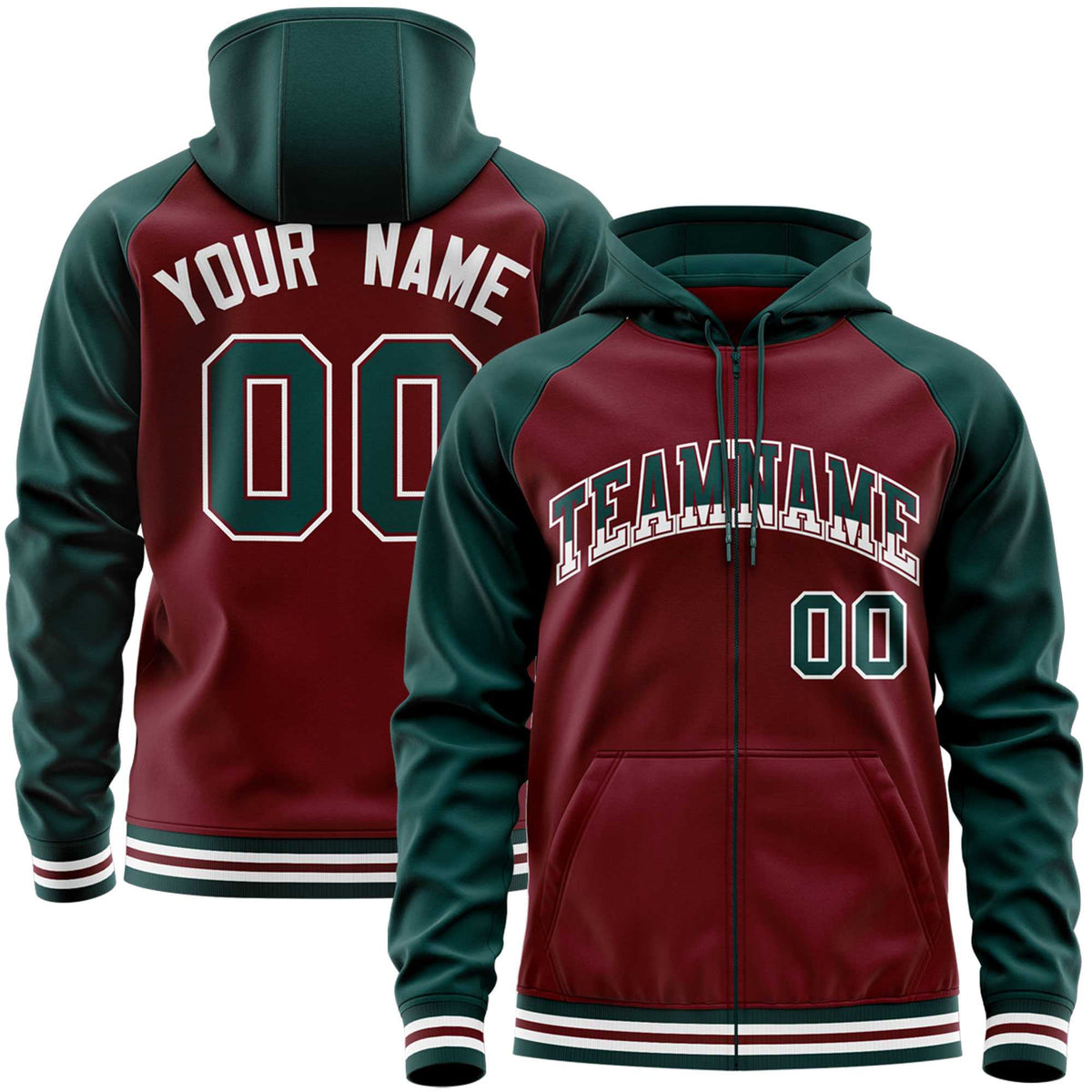 Custom Stitched Crimson Midnight Green Raglan Sleeves Sports Full-Zip Sweatshirt Hoodie| KXKSHOP