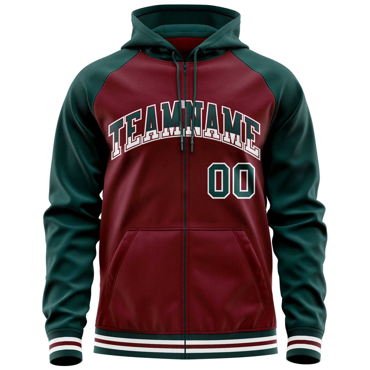 Custom Stitched Crimson Midnight Green Raglan Sleeves Sports Full-Zip Sweatshirt Hoodie| KXKSHOP