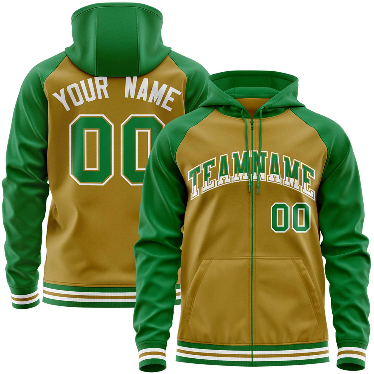 Custom Stitched Old Gold Kelly Green Raglan Sleeves Sports Full-Zip Sweatshirt Hoodie| KXKSHOP