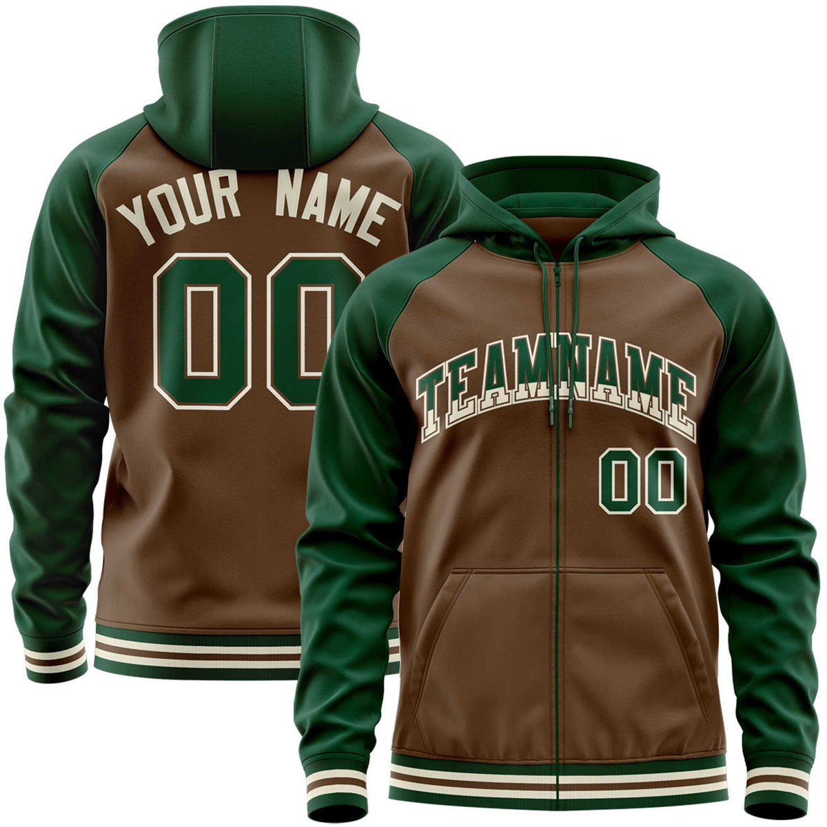 Custom Stitched Light Brown Green Raglan Sleeves Sports Full-Zip Sweatshirt Hoodie| KXKSHOP