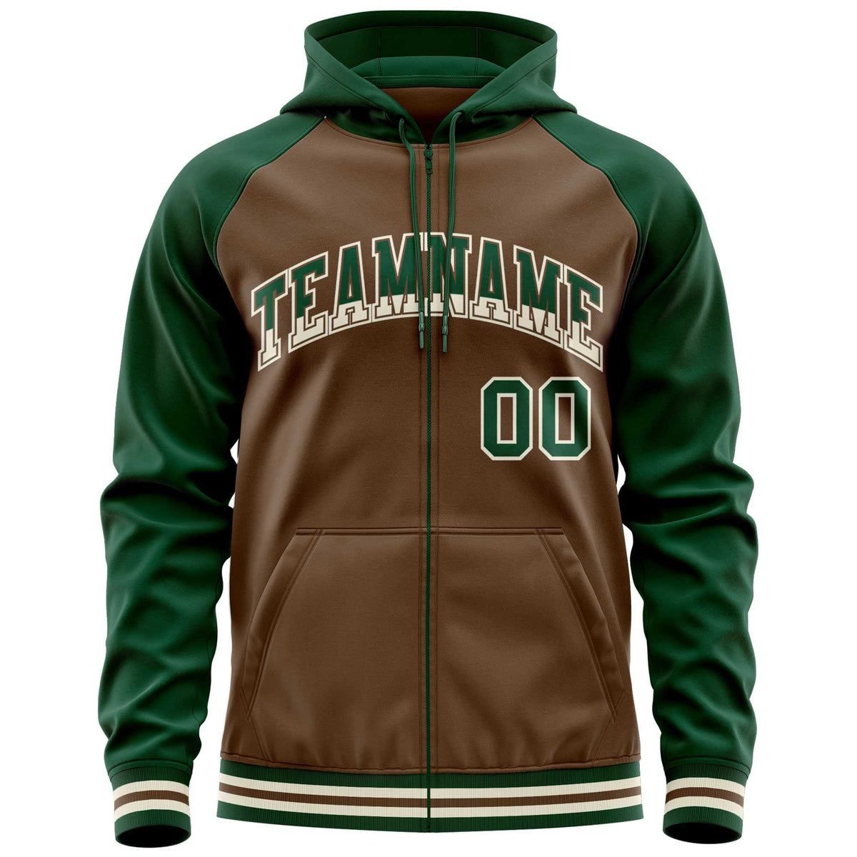 Custom Stitched Light Brown Green Raglan Sleeves Sports Full-Zip Sweatshirt Hoodie| KXKSHOP