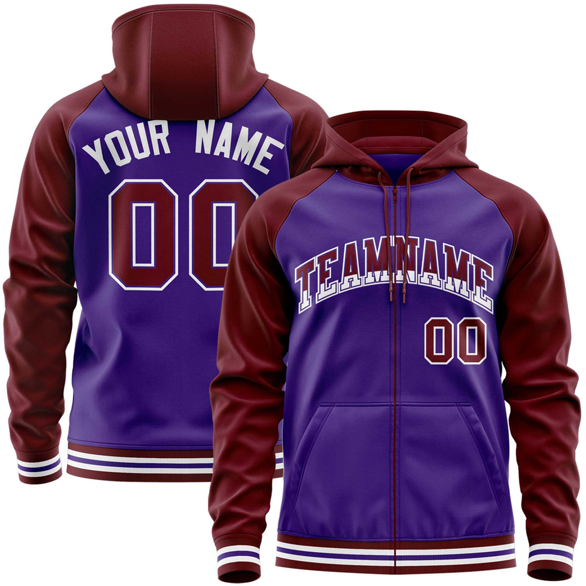 Custom Stitched Purple Crimson Raglan Sleeves Sports Full-Zip Sweatshirt Hoodie| KXKSHOP