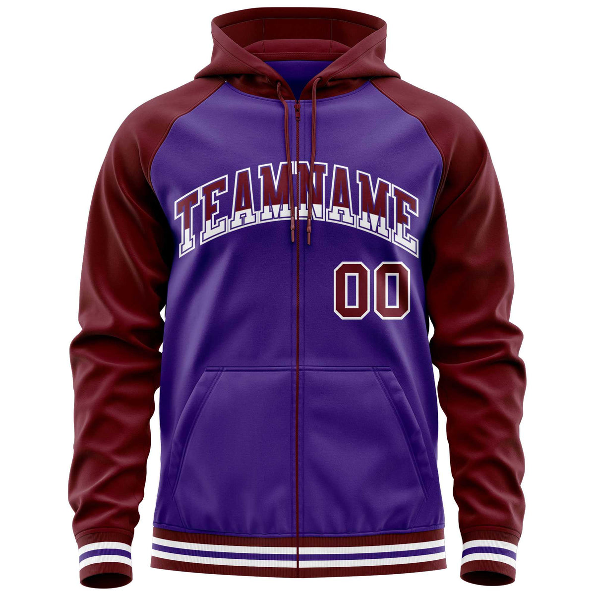 Custom Stitched Purple Crimson Raglan Sleeves Sports Full-Zip Sweatshirt Hoodie| KXKSHOP