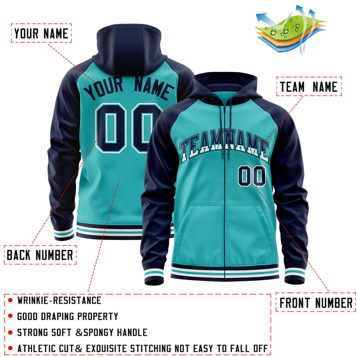 Custom Stitched Aqua Navy Raglan Sleeves Sports Full-Zip Sweatshirt Hoodie| KXKSHOP