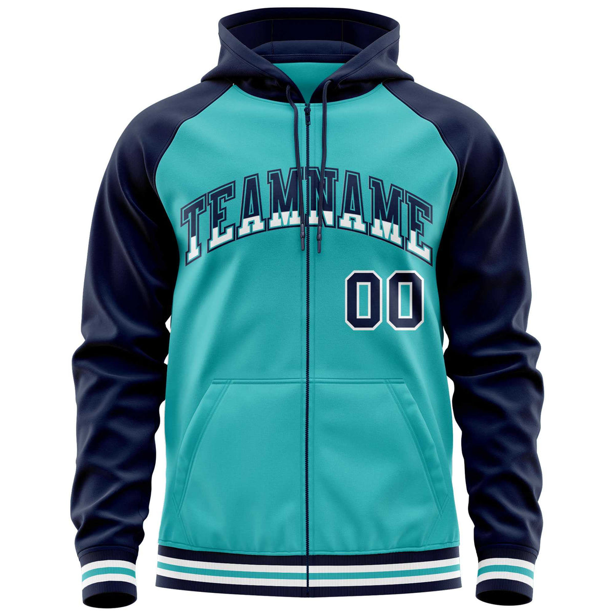Custom Stitched Aqua Navy Raglan Sleeves Sports Full-Zip Sweatshirt Hoodie| KXKSHOP