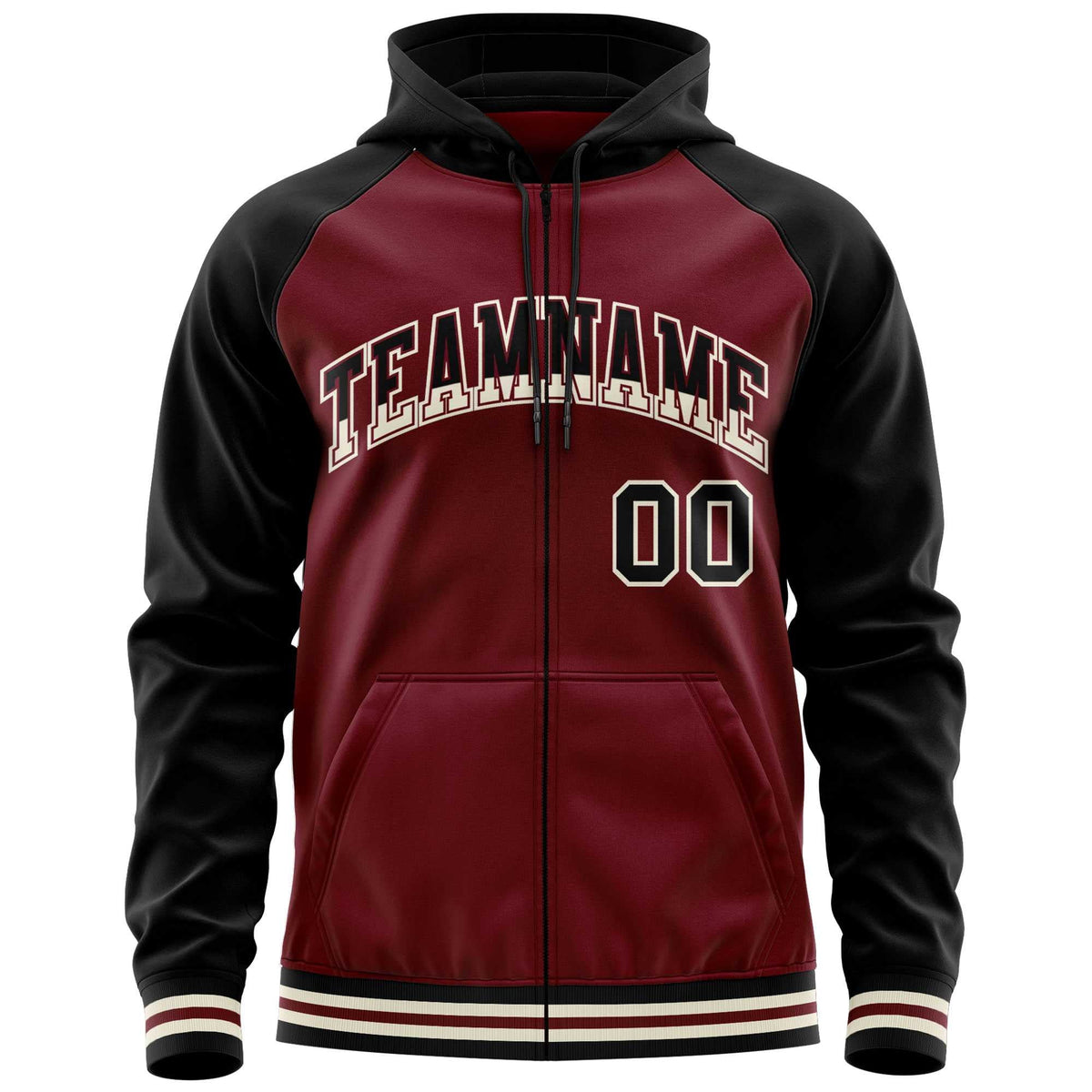 Custom Stitched Crimson Black Raglan Sleeves Sports Full-Zip Sweatshirt Hoodie| KXKSHOP