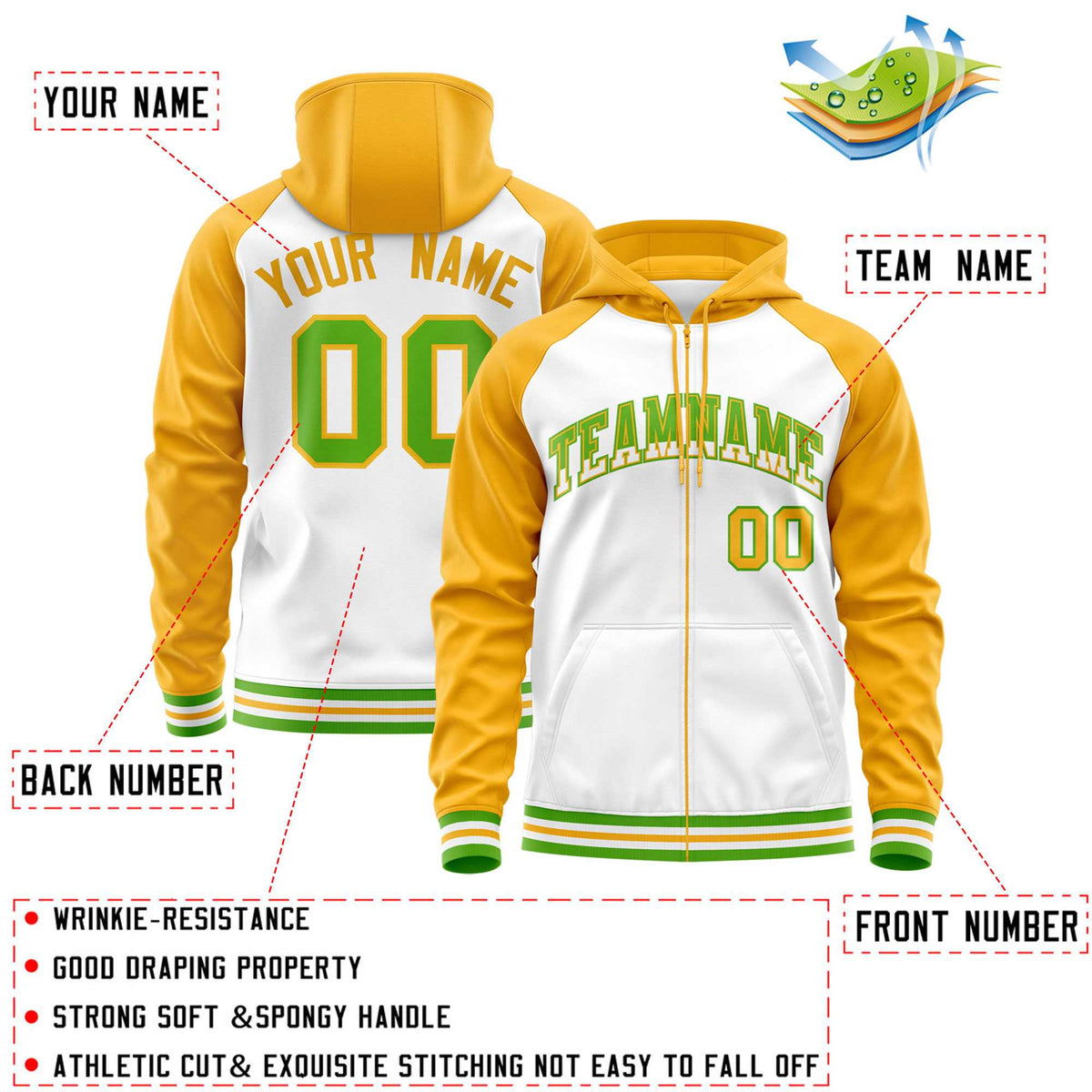 Custom Stitched White Yellow Raglan Sleeves Sports Full-Zip Sweatshirt Hoodie| KXKSHOP