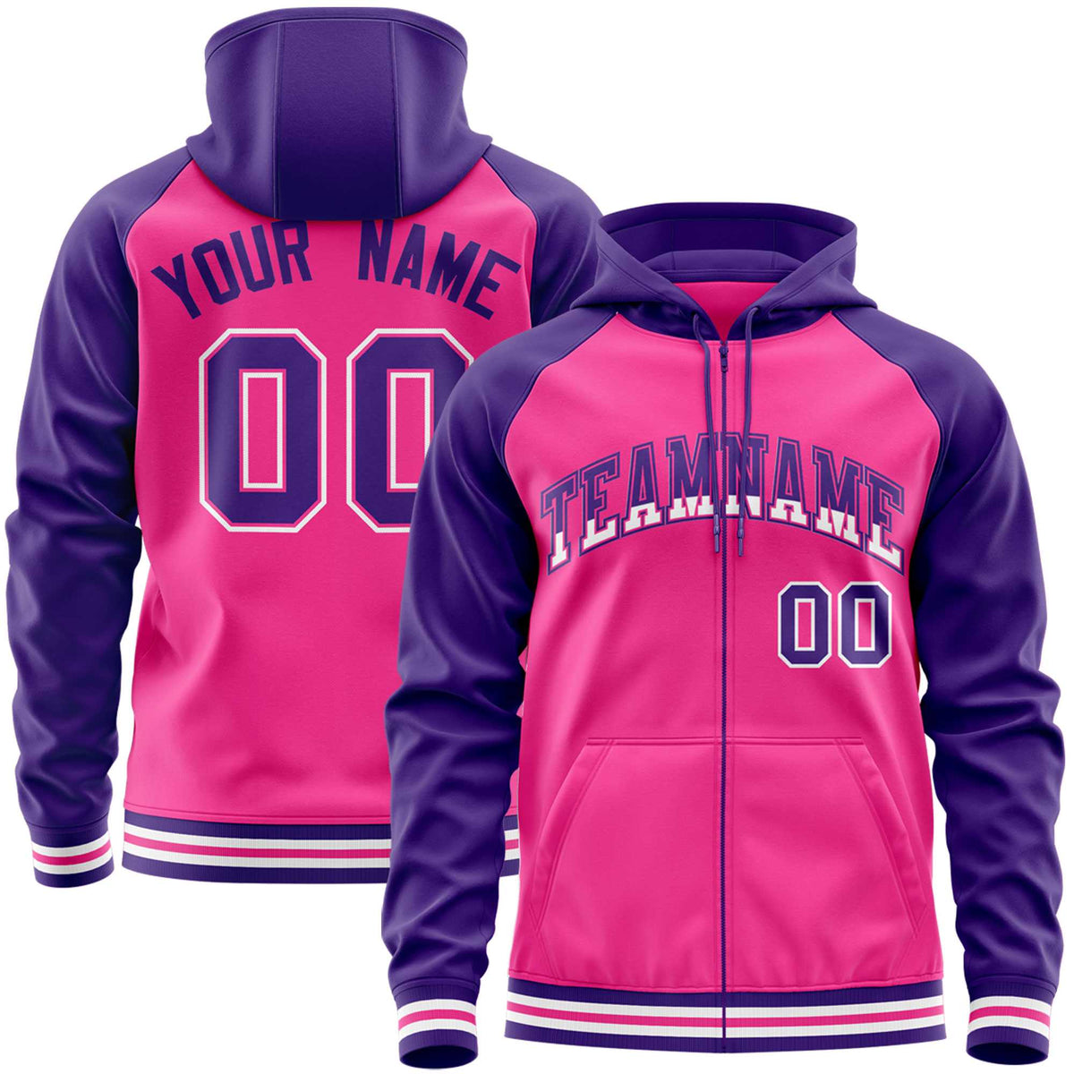 Custom Stitched Pink Purple Raglan Sleeves Sports Full-Zip Sweatshirt Hoodie| KXKSHOP