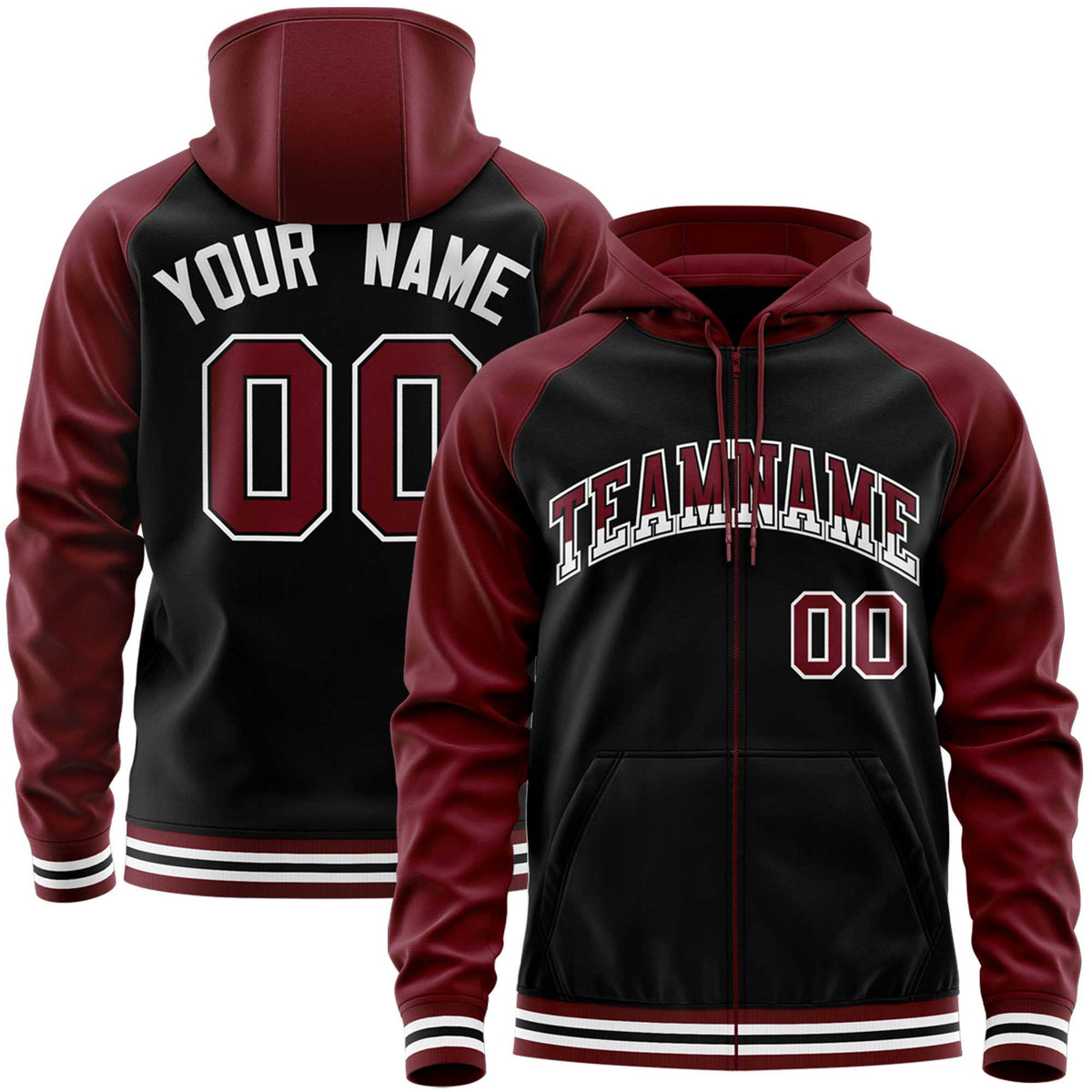 Custom Stitched Black Crimson Raglan Sleeves Sports Full-Zip Sweatshirt Hoodie| KXKSHOP
