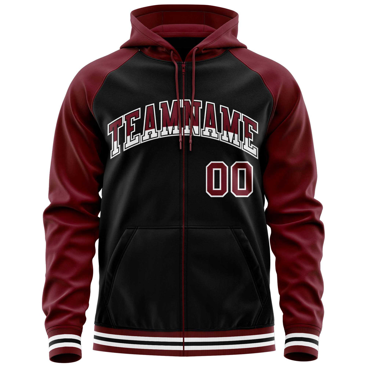 Custom Stitched Black Crimson Raglan Sleeves Sports Full-Zip Sweatshirt Hoodie| KXKSHOP