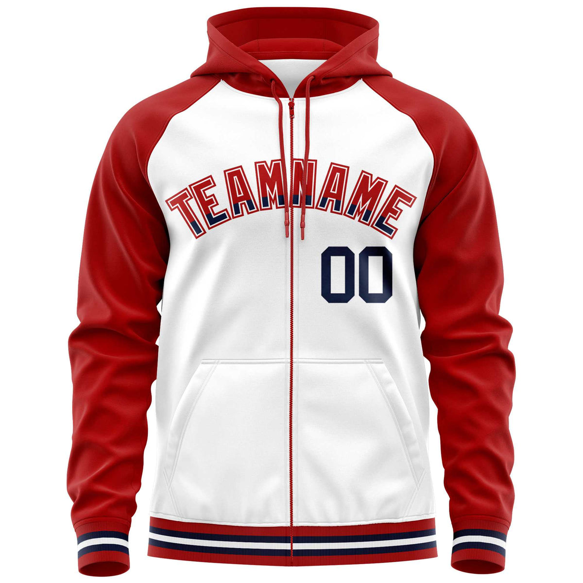 Custom Stitched White Red Raglan Sleeves Sports Full-Zip Sweatshirt Hoodie| KXKSHOP