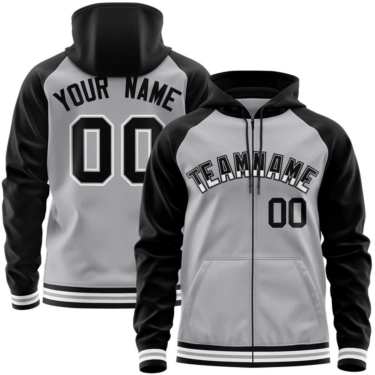 Custom Stitched Gray Black Raglan Sleeves Sports Full-Zip Sweatshirt Hoodie| KXKSHOP
