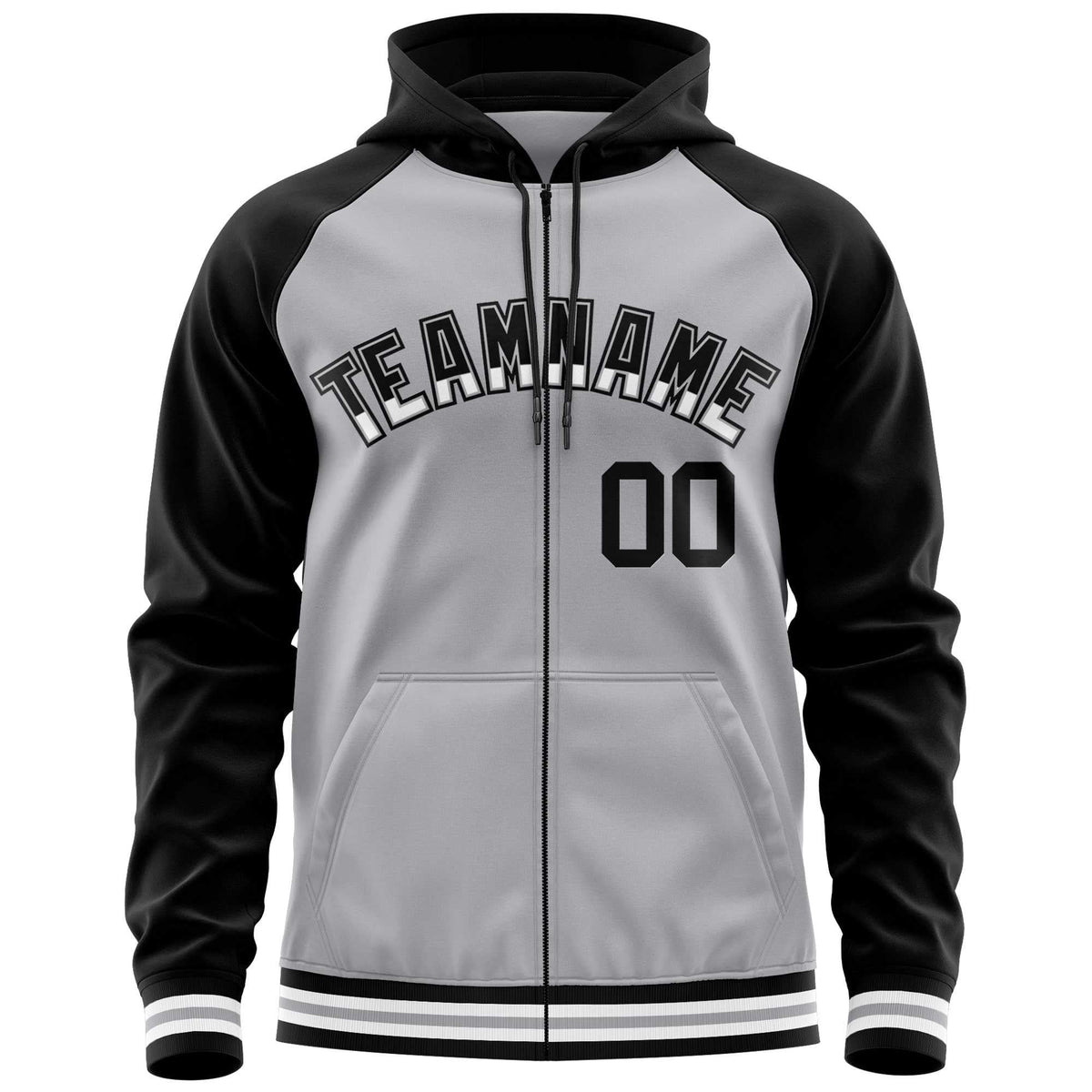 Custom Stitched Gray Black Raglan Sleeves Sports Full-Zip Sweatshirt Hoodie| KXKSHOP