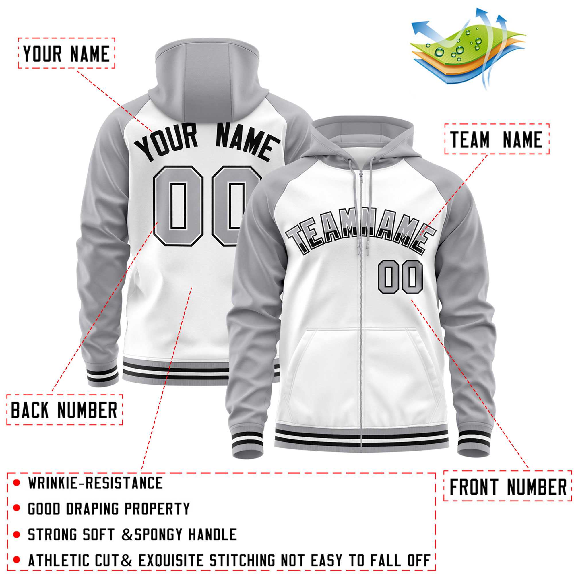 Custom Stitched White Light Gray Raglan Sleeves Sports Full-Zip Sweatshirt Hoodie| KXKSHOP