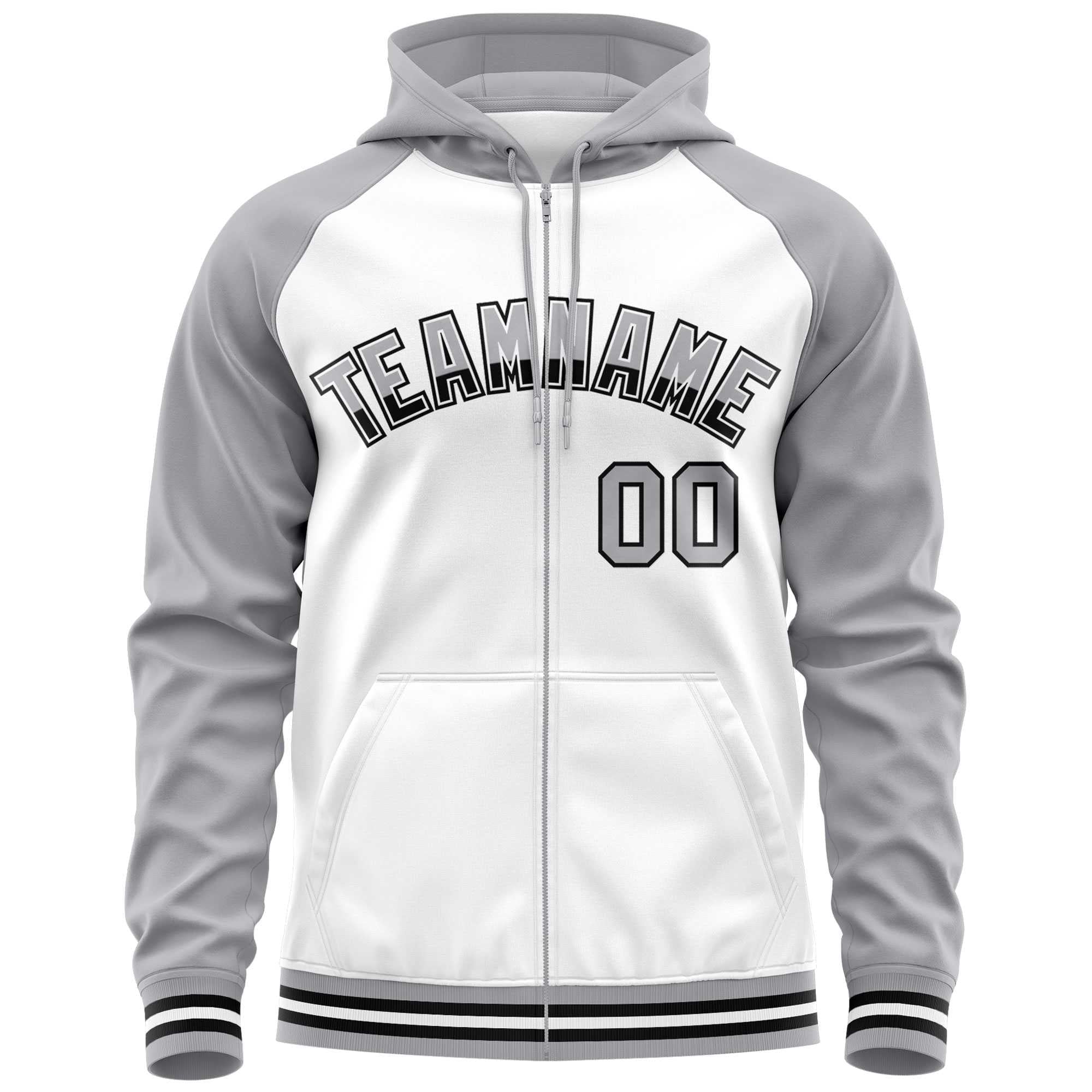 Custom Stitched White Light Gray Raglan Sleeves Sports Full-Zip Sweatshirt Hoodie| KXKSHOP
