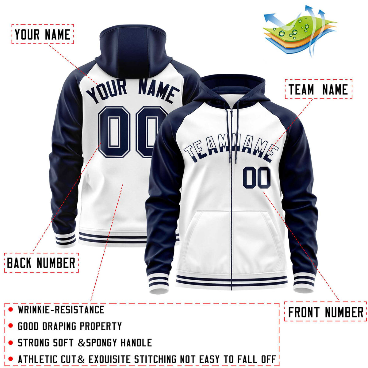 Custom Stitched White Navy Raglan Sleeves Sports Full-Zip Sweatshirt Hoodie| KXKSHOP