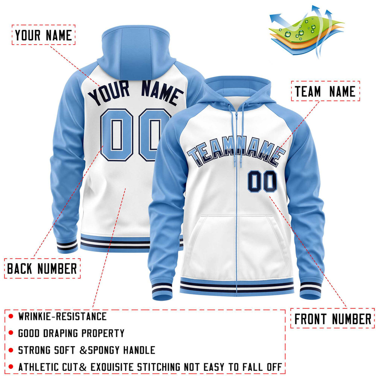 Custom Stitched White Powder Blue Raglan Sleeves Sports Full-Zip Sweatshirt Hoodie| KXKSHOP