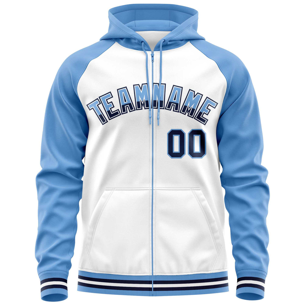 Custom Stitched White Powder Blue Raglan Sleeves Sports Full-Zip Sweatshirt Hoodie| KXKSHOP