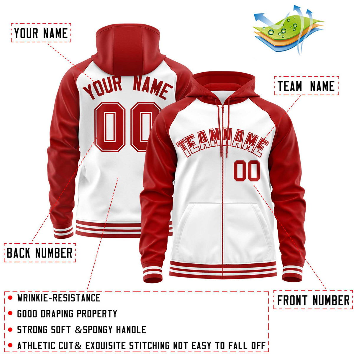 Custom Stitched White Red Raglan Sleeves Sports Full-Zip Sweatshirt Hoodie| KXKSHOP